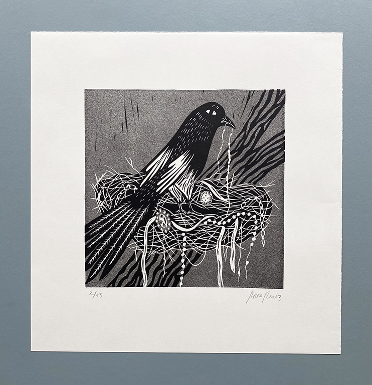 Magpie Linocut print by Anna Ruiz